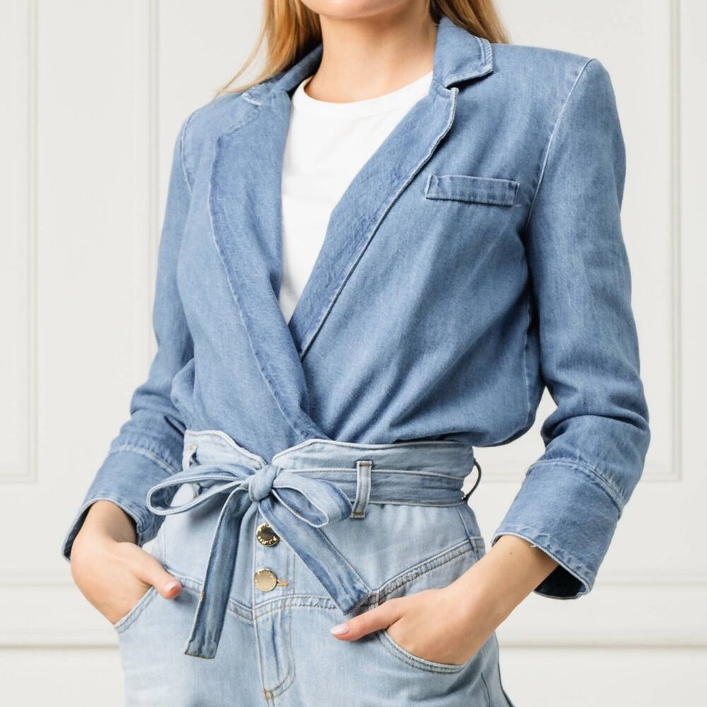 Pinko (EU 42/US 6) Chad Denim Bodysuit Plunge Neck Going Out Designer